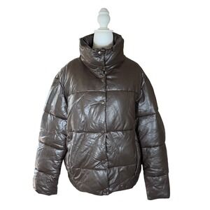 ZARA Women's‎ Chocolate Brown Puffer Jacket Snap Closure Zip Pockets Size L